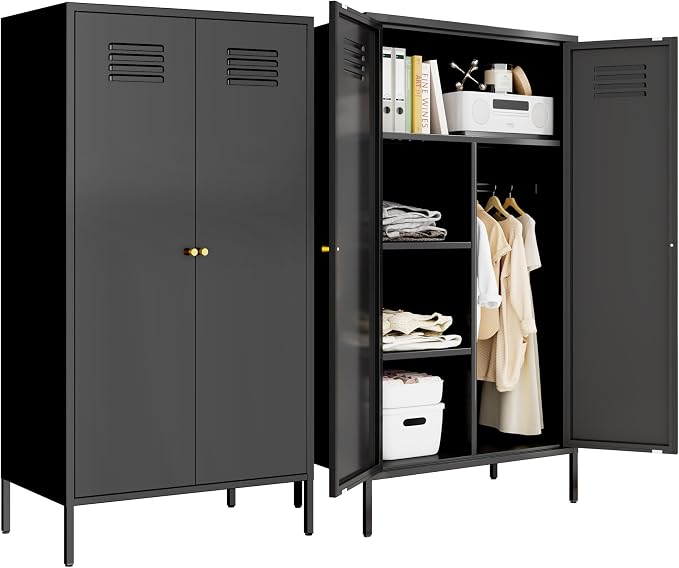 2 Door Metal Cabinet with Hanging Rod and 2 Freely Adjustable Shelves,Storage Locker Cabinet Closet for Office,Garage (Black)