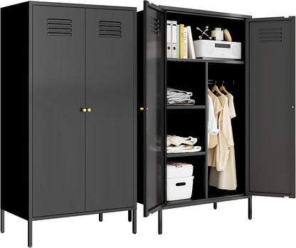 2 Door Metal Cabinet with Hanging Rod and 2 Freely Adjustable Shelves,Storage Locker Cabinet Closet for Office,Garage (Black)