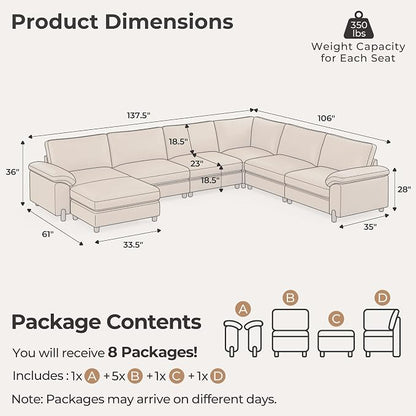 SITJOY Large Cloud Couch, 138" Wide 6 Seater U Shape, Faux Leather in Brown | Pet-Friendly Scratch-Resistant Leather Sectional Sofas for Living Room, Deep Seat Wide Couch with Chaise, Storage Ottoman