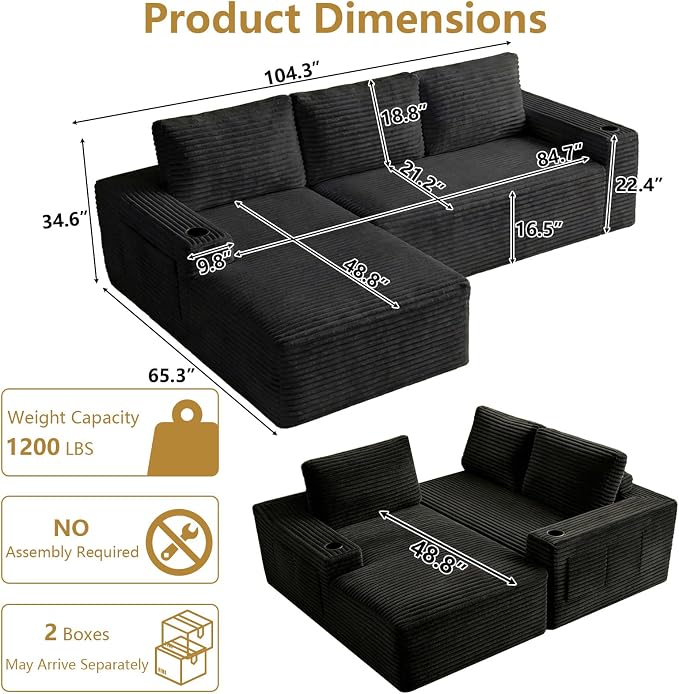 104" Cloud Sectional Couch L-Shaped with Side Pockets Cup Holders, Corduroy Boneless Couch for Living Room,Upholstered Deep-Seat Modular Sectional Sofa, No Assembly Required (Black,Left Facing Chaise)
