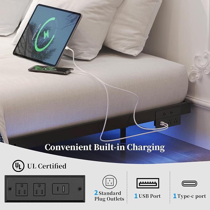 Awesofurni Floating Bed Frame King Size with Smart LED Lights and Charging Station, Heavy Duty Modern Metal Platform Bed No Box Spring Needed - Easy Assembly and Noise Free