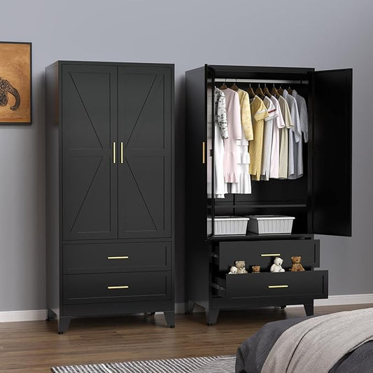 Steel Armoire Wardrobe Closet, 71" Metal Clothing Storage Cabinets with 2 Doors, 2 Drawers and 1 Adjustable Shelf, Black Wardrobe Cabinet with Hanging Rod for Bedroom, Gym
