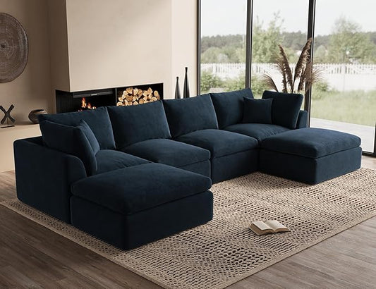 ohllob 140" U Shaped Couch, Cloud Sectional Couches for Living Room, Boneless Couch with Ottoman, Oversized 4 Seater Modular Sectional Sofa, Dark Blue