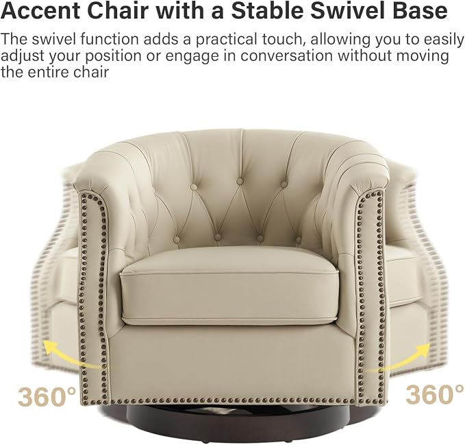 HULALA HOME Genuine Leather Swivel Accent Chair, Swivel Rocker Barrel Chair, Traditional Chesterfield Armchair with Button-Tufted Design, No Assembly Required, Beige