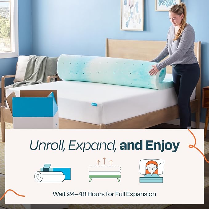 Linenspa 3 Inch Swirl Gel Memory Foam Mattress Topper, Queen Size – Cooling Gel Infused, Ventilation Holes – Pressure Relieving Bed Topper – CertiPUR Certified