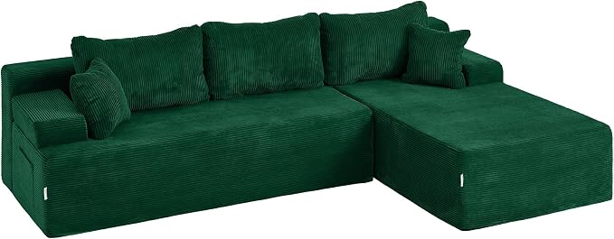 Hobestluk Modular Sectional Sofa Couches L-Shape Couch 3 Seat Modular Sofa Memory Foam Sectional Couches for Living Room, Cloud Couch with Oversized Chaise (Green Corduroy, 96", Right Hand Facing)