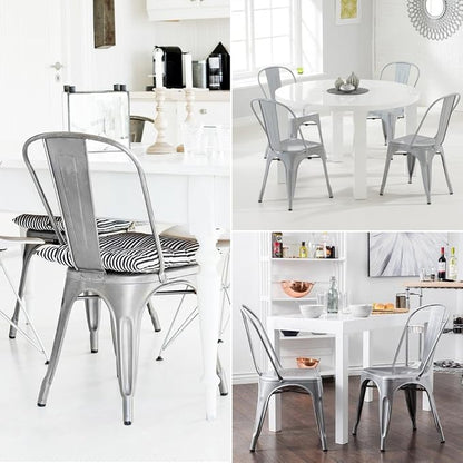 Devoko Metal Indoor-Outdoor Chairs Distressed Style Kitchen Dining Chairs Stackable Side Chair with Back Set of 4 (Silver)
