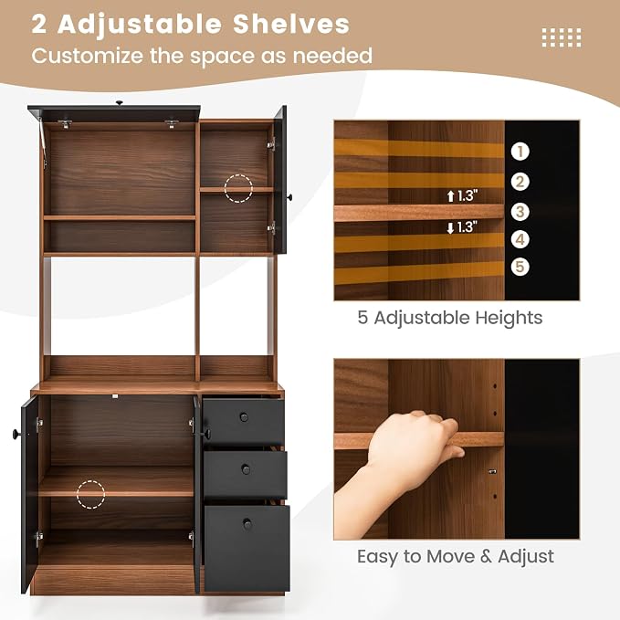 Giantex Kitchen Pantry, Buffet Hutch with 3 Storage Cabinet, 71'' Floor Large Cupboard with 3 Deep Drawers, Wide Countertop, Adjustable Shelves, Tall Sideboard (Walnut & Black)