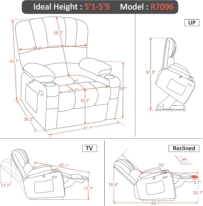 MCombo Power Lift Recliner Chair for Elderly, Lift Chair with Heat and Massage, Extra Wide Lift Recliner for Big People, Fabric R7096 (Medium-Wide, Grey)
