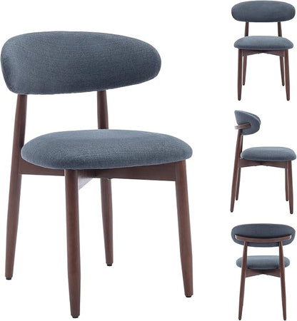 COLAMY Mid-Century Modern Wooden Dining Chair Set of 4, Indoor Upholstered Kitchen Chairs with 2.6" Cozy Padded Seat, Walnut Finish Side Dining Chair, [Blue]
