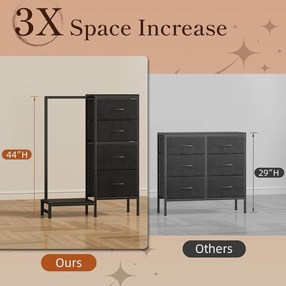 HIGDBFE Tall Dresser 44''H with Hanging Rack, 4 Drawers Small Closet Dresser for Bedroom, Reversible Fabric Chest of Drawers with Clothes Rack, Tall Storage Tower, Sturdy Frame, Black