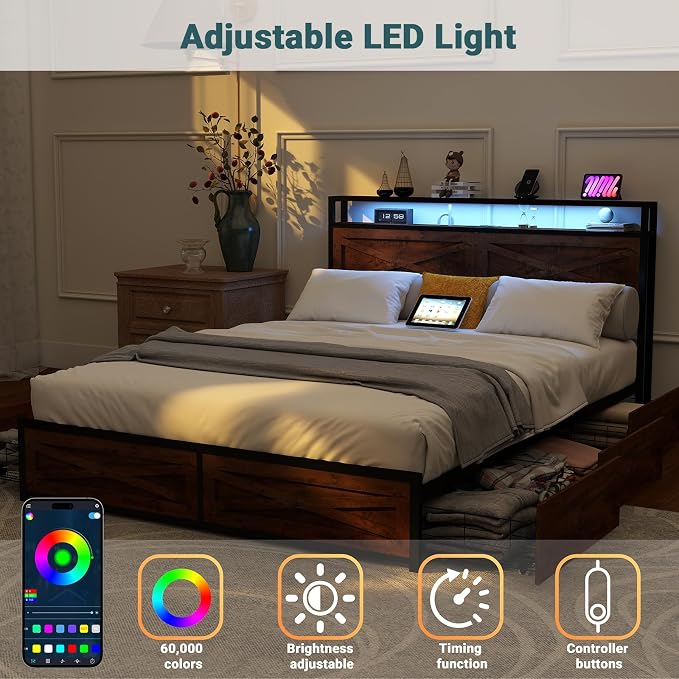 Zevemomo Full LED Bed Frame with 6 Storage Drawers, Farmhouse Headboard w/Charging Ports Station, Full-Size Platform Bed Frame No Box Spring Needed, Metal Structure & Wood Boards, Rustic Bed Frames