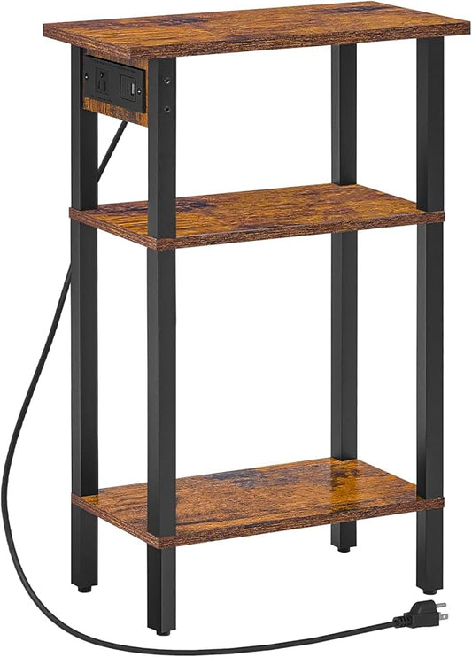 HOOBRO Narrow Side Table, 3-Tier Slim End Table with Charging Station, Skinny Nightstand with Open Storage, for Small Spaces, Living Room, Bedroom, Study, Rustic Brown and Black BF340UBZ01