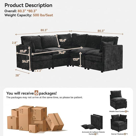 80" Black Modular Storage Sofa, V Shaped Chenille Cloud Couch with Armrest | Oversized Convertible Sectional Sofa, 5-Seat Sectional Couch With Armrests, Large Cloud Couch For Living Room, Apartment.