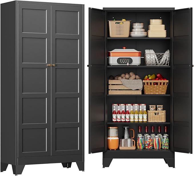 71" Tall Kitchen Cabinet Storage Unit With 2 Doors and 4 Adjustable Shelves, Metal Black Freestanding Cupboard, 5 Tier Kitchen Pantry Storage Cabinet for Kitchen Dining/Living Room/Garage/Home/Office