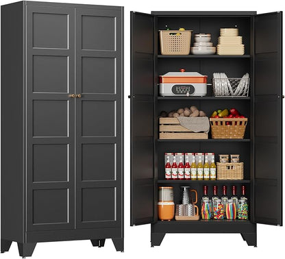 71" Tall Kitchen Cabinet Storage Unit With 2 Doors and 4 Adjustable Shelves, Metal Black Freestanding Cupboard, 5 Tier Kitchen Pantry Storage Cabinet for Kitchen Dining/Living Room/Garage/Home/Office