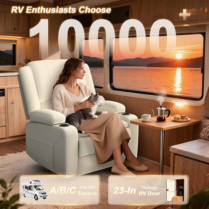 Oversized Manual Recliner Chair, 3 Angle Recliner Home Theater Seating, RV Recliner Single Sofa with Hidden Arm Storage, Cup Holder & Side Pocket (Single, White)