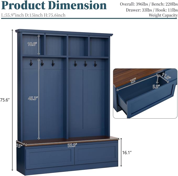 55.9" W Hall Tree with Bench and Shoe Storage,Shoe and Coat Rack with Drawer and Hooks,Farmhouse Furniture for Entryway,Mudroom,Living Room,Blue
