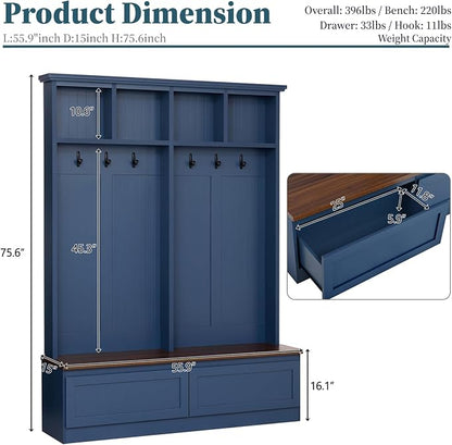 55.9" W Hall Tree with Bench and Shoe Storage,Shoe and Coat Rack with Drawer and Hooks,Farmhouse Furniture for Entryway,Mudroom,Living Room,Blue