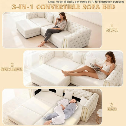 90.6'' Futon Sofa Bed, Chesterfield Velvet Sleeper Sofa, Convertible Floor L-Shaped Couch, Tufted Back, 4 Pillows, Gold Edge Trim, Deep Loveseat Couches for Living Room, Apartment, Gold Beige