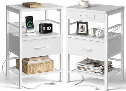 Lazzanto Nightstands Set of 2 with Charger Station, White Night Stand | Open Shelf | Hooks | USB-C USB-A Ports AC Outlets | Fabric Drawer | Bedroom | Living Room | Dorm