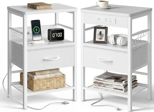 Lazzanto Nightstands Set of 2 with Charger Station, White Night Stand | Open Shelf | Hooks | USB-C USB-A Ports AC Outlets | Fabric Drawer | Bedroom | Living Room | Dorm