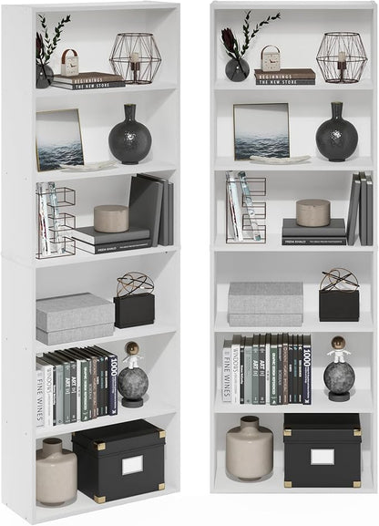 Furinno Jaya Book Shelf Set of 2, 6-Tier Bookshelf, Bookcase, 9.5 x 24.6 x 71, for Home Office, Living Room, White