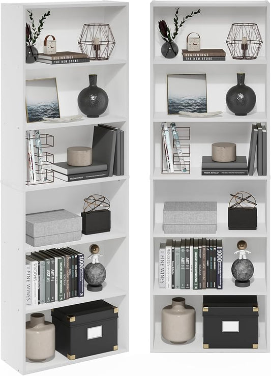 Furinno Jaya Book Shelf Set of 2, 6-Tier Bookshelf, Bookcase, 9.5 x 24.6 x 71, for Home Office, Living Room, White