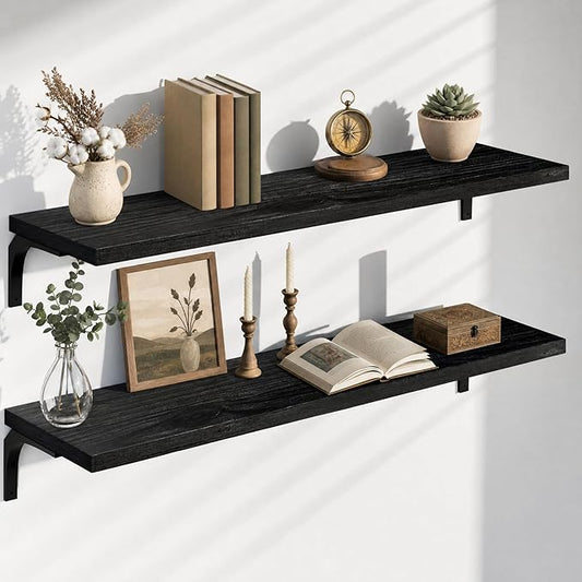 12 Inch Deep Floating Shelves Set of 2, 48 Inch Wide Black Solid Wood Wall Shelves, 100 lbs Heavy Duty Farmhouse Wall Mounted Shelving for Kitchen, Living Room & Bedroom