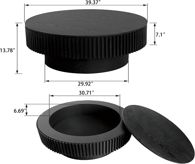 39'' Round Coffee Table with Storage, Modern Wooden Coffee Table with Solid Wood Veneered, Circle Center Table Accent Tea Table for Living Room Apartment Black