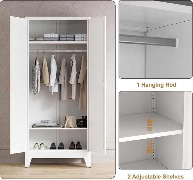 Washsemba 71'' Farmhouse Metal Wardrobe Cabinet with Hanging Rod, 2 Barn Door Wardrobe Closet with 2 Adjustable Shelves,for Dining Room,Bedroom,Living Room, Cloak Room,Office (White)