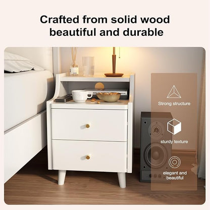 Narrow Nightstand with 2 Drawers,White Nightstand,Bedside Table,Solid Wood Modern Bedside Table for Bedroom,Study,Toilet