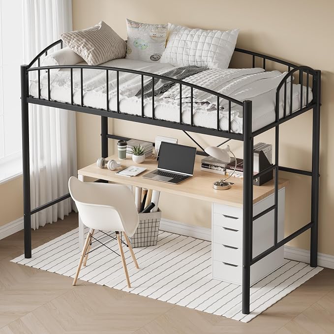 GarveeHome Loft Bed Twin Size, Heavy Duty Metal Loft Bed Frame with Arched Guardrail and Safety Ladder, Space-Saving, No Box Spring Needed, Modern Black