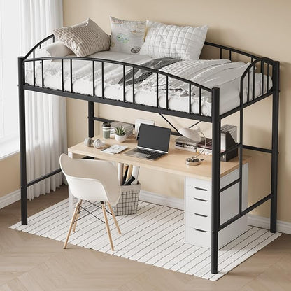 GarveeHome Loft Bed Twin Size, Heavy Duty Metal Loft Bed Frame with Arched Guardrail and Safety Ladder, Space-Saving, No Box Spring Needed, Modern Black