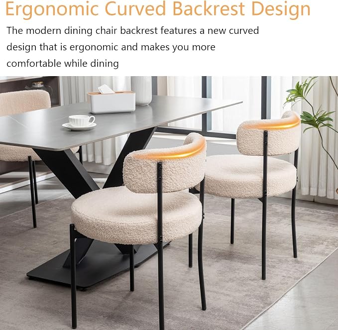 Cinxzar Boucle Dining Chairs Set of 4, Upholstered Dining Room Chairs with Black Metal Legs, Round Modern Dining Chair for Dining Room, Kitchen