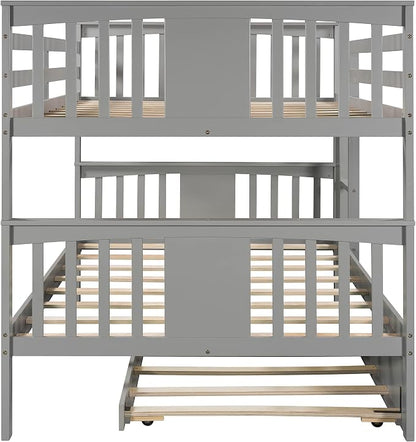 Merax Full Over Full Bunk Bed with Trundle, Convertible to Two Separate Beds, Solid Pine Wood Frame with Safety Guardrail & Headboard/Footboard, Sturdy Durable Design, No Box Spring Needed, Grey