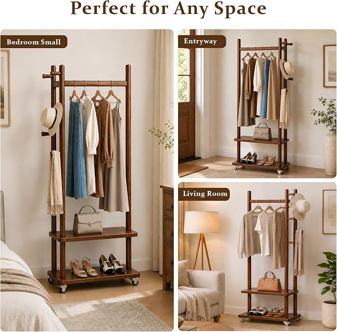 Taitiy Coat Rack Freestanding Clothing Rack with Wheels, Coat Tree Freestanding Heavy Duty with 2 Storage Shelves and 5 Hooks, Wood Garment Rack for Corner Bedroom Hallway Entryway Living Room Hotel
