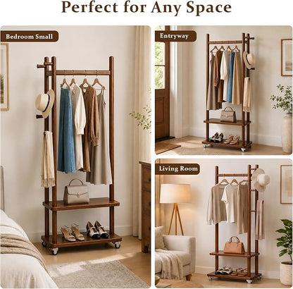 Taitiy Coat Rack Freestanding Clothing Rack with Wheels, Coat Tree Freestanding Heavy Duty with 2 Storage Shelves and 5 Hooks, Wood Garment Rack for Corner Bedroom Hallway Entryway Living Room Hotel