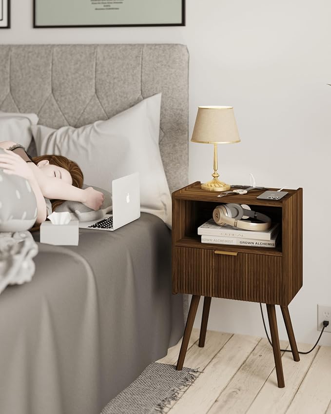 JOONEE Nightstand with Outlet,Modern Bedside Table with Storage Drawer and Open Wood Shelf, for Living Room, Bedroom and Small Spaces, Accent Night Stand with Solid Wood Legs, Easy Assembly,Brown