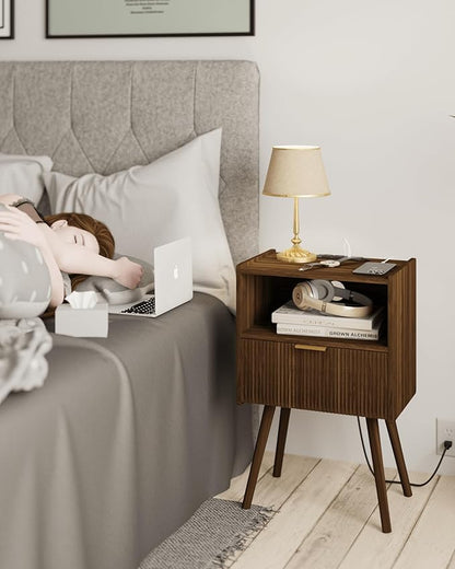 JOONEE Nightstand with Outlet,Modern Bedside Table with Storage Drawer and Open Wood Shelf, for Living Room, Bedroom and Small Spaces, Accent Night Stand with Solid Wood Legs, Easy Assembly,Brown