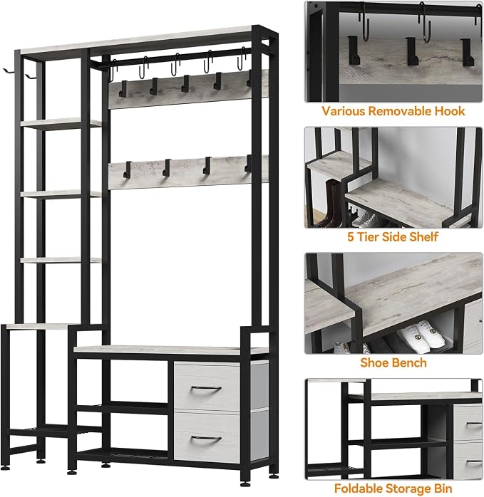 Hall Tree for Entryway 43", Bench with Shoe Storage, Large Coat Rack Shoe Bench with 5 Tier Shelves, 5 in 1 Design Front Door Shoe Rack and Wall Rack Hooks, and 2 Drawers (Rustic White)