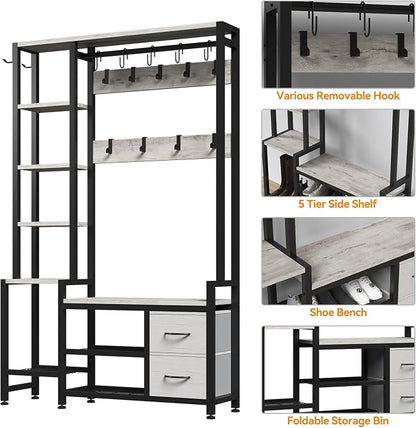 Hall Tree for Entryway 43", Bench with Shoe Storage, Large Coat Rack Shoe Bench with 5 Tier Shelves, 5 in 1 Design Front Door Shoe Rack and Wall Rack Hooks, and 2 Drawers (Rustic White)