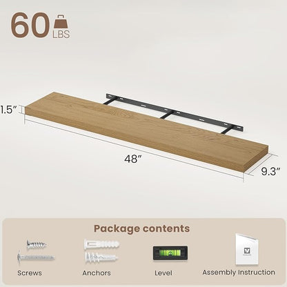 Vivelove 48 Inch Floating Shelves for Wall, 48x9 Display Shelves for Bathroom Living Room Kitchen Bedroom Office Farmhouse Home Decor - Set of 2, Oak