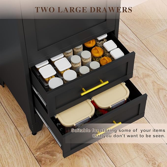 Tall Metal Narrow Storage Cabinet 67" H with 2 Drawer, Black Pantry Cabinets with 2 Adjustable Shelves and Door,Tall Bathroom Cabinet for Kitchen, Home Office, Living Room, Dining Room