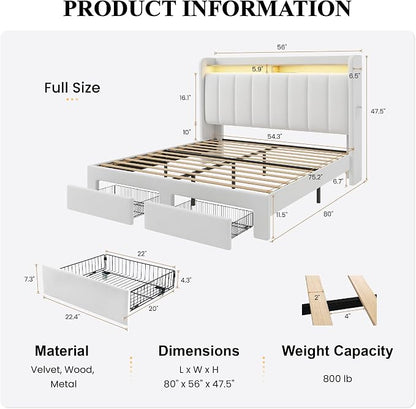 SHA CERLIN Velvet Full Size Bed Frame with Vertical Channel Tufted Wingback Headboard & 2 Storage Drawers/2-Tier Shelves with LED Lights & Charging Station/Noise-Free/No Box Spring Needed/White