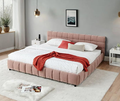 KEIKI King Thick Chenille Bed Frame with 4 Storage Drawer & Upholstered Tufted Headboard, Modern Solid Wood Floor Platform for Bedroom, No Box Spring Needed