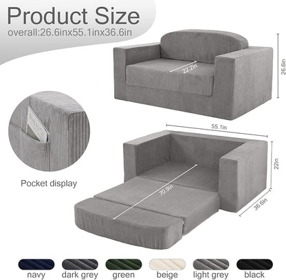 MeMoreCool Convertible Sofa Bed, Pull Out Loveseat Sleeper Sofa, Small Boneless Cloud Couch Bed for Adults, Fold Out Foam Love Seat, Corduroy Folding Floor Couch for Bedroom, Light Grey