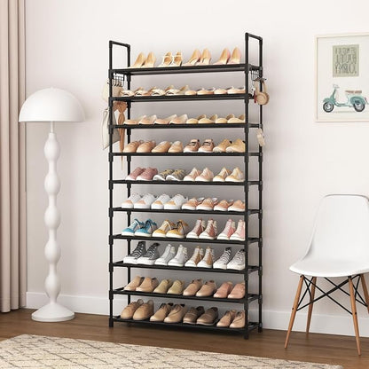 VTRIN 10 Tier Shoe Rack Tall Large Capacity Wide Shoe Organizer with Two Hooks Sturdy Metal Shoe Shelf for Entryway, Closet, Bedroom