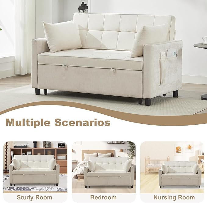 Tbfit 57" Convertible Sofa Bed, Chenille Futon Sleeper Sofa Couch with Pullout Bed, USB & Adjustable Backrest, Full Size Pull Out Loveseat Couches for Living Room, Apartment, Office, Dorm, Beige