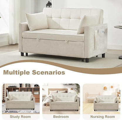 Tbfit 57" Convertible Sofa Bed, Chenille Futon Sleeper Sofa Couch with Pullout Bed, USB & Adjustable Backrest, Full Size Pull Out Loveseat Couches for Living Room, Apartment, Office, Dorm, Beige